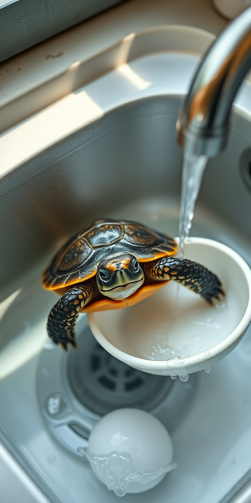 Create a hyper-realistic image of a turtle in a kitchen sink washing dishes, with detailed textures of the turtle's shell and skin, soft natural lighting, captured with a DSLR camera at f/4 aperture, 1/60 shutter speed, 50mm lens for depth of field, and a slight overhead angle to emphasize the action.