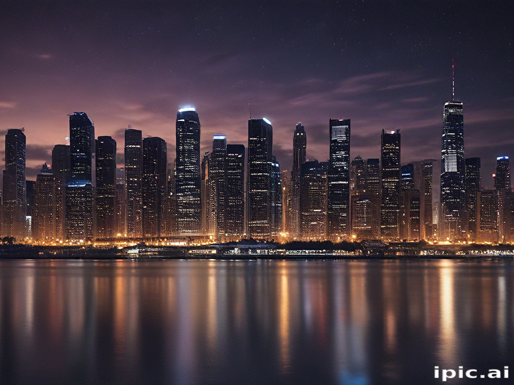 Stunning Night View of a Vibrant City Skyline Reflecting in Water