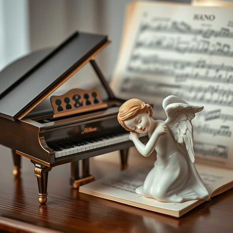 a small grand piano next to a porcelain figurine of a sleeping angel on sheet music, soft focus, f/2.8, ISO 100, 50mm lens, macro view, natural lighting, shallow depth of field, captured with a DSLR
