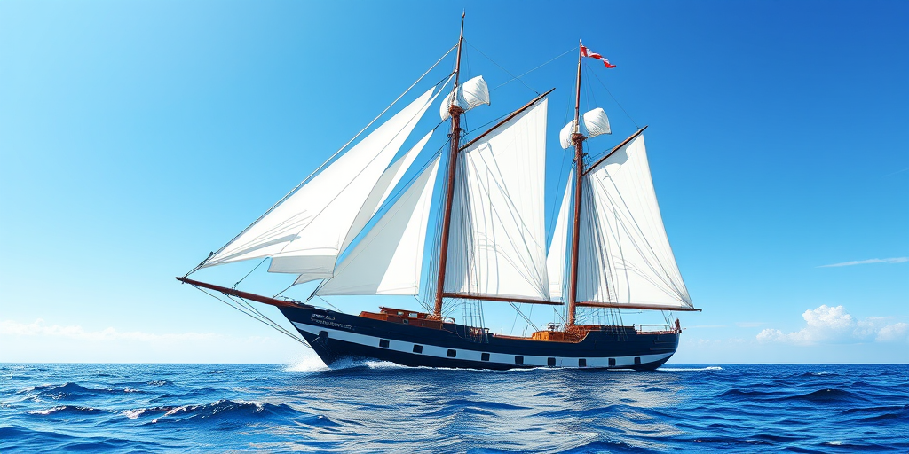 Create a digital illustration of a sailing ship with billowing white sails against a bright blue sky and gentle waves, captured from a low angle view to emphasize the height of the masts, using a high-resolution setting of 300 DPI, with a watercolor style effect, and rendered with a DSLR camera type, f-stop of f/8 for sharpness throughout, ISO 100 for clarity.
