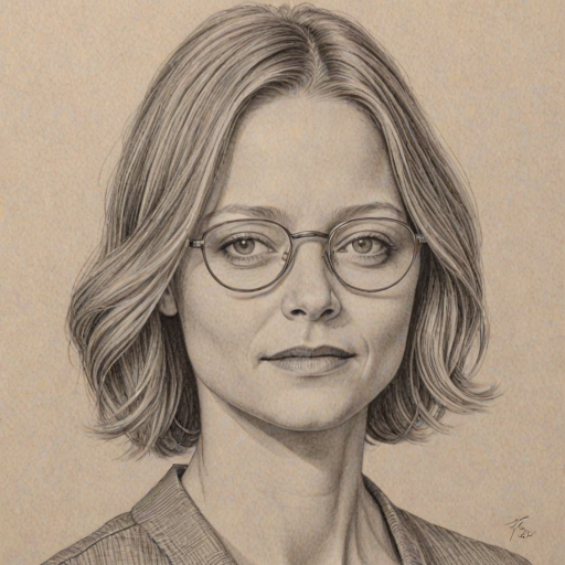 Gorgeous Jodie Foster, pencil sketch, portrait of Gorgeous woman 1929s in glasses, hair style beatnik, outline, clear lines, fine lines, 8k