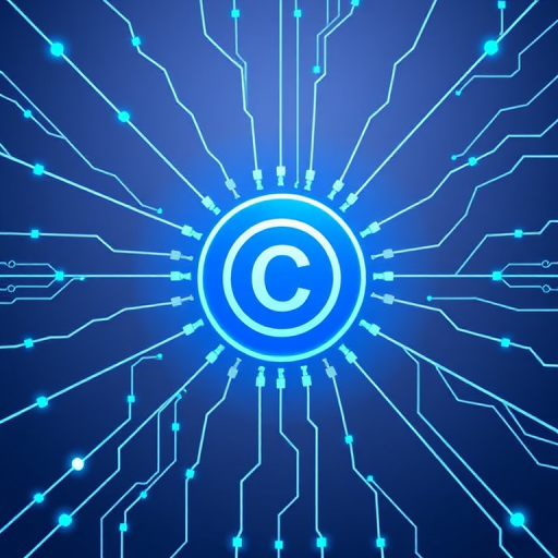 Create a digital illustration of a blue circular code symbol in the center, connected to multiple branching lines that symbolize data flow, using a modern vector style with high contrast, captured with a Canon EOS R5 at f/8, ISO 100, 50mm focal length, in a flat lay perspective for clarity and sharpness.