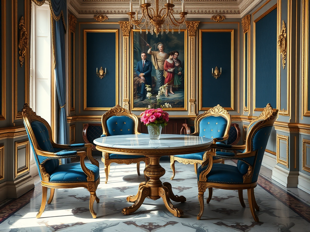 luxurious interior with ornate gold-framed blue upholstered chairs and a round marble table, soft natural lighting, shallow depth of field, photographic realism, 50mm lens, f/2.8 aperture, ISO 100, DSLR camera, high dynamic range