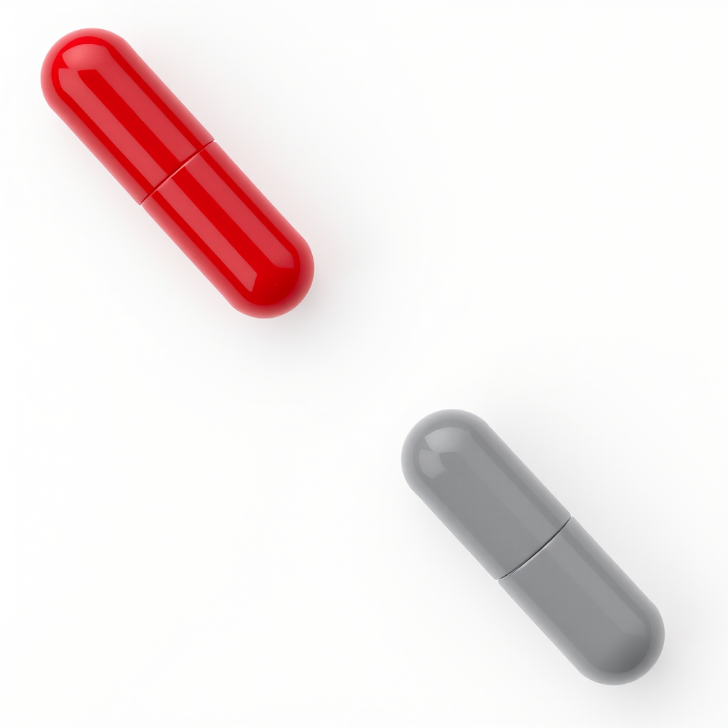 Create an image of two capsules, one red and one gray, placed side by side on a white background, shot with a DSLR camera at f/8, ISO 100, 50mm lens, top-down view, soft lighting for enhanced clarity and detail.