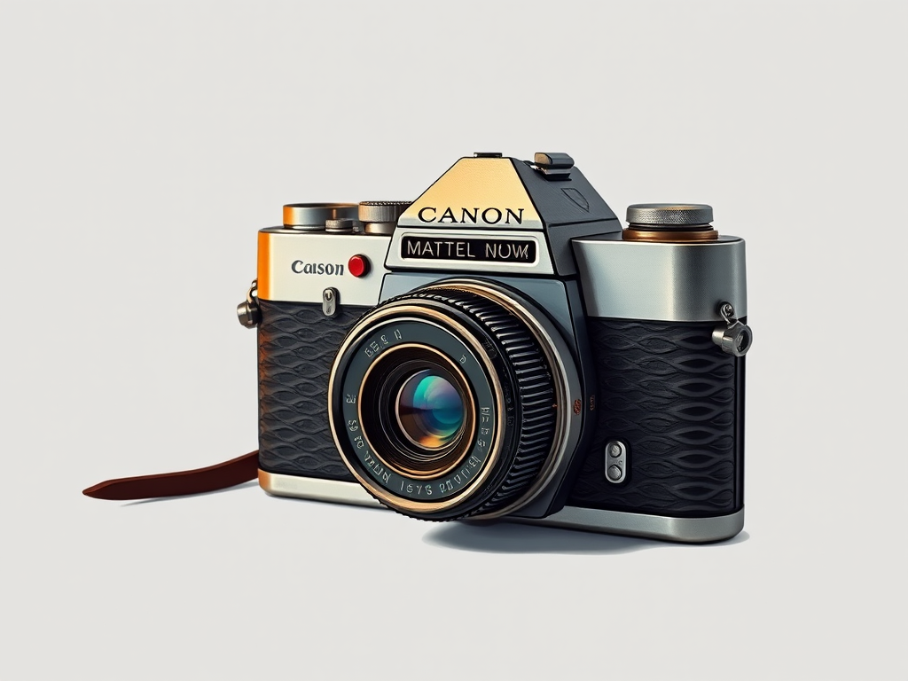 Create a detailed illustration of a vintage camera with a focus on texture and shading, using a Canon EOS 5D Mark IV with a 50mm f/1.8 lens at f/8, ISO 100, in a studio setting with soft diffused lighting.
