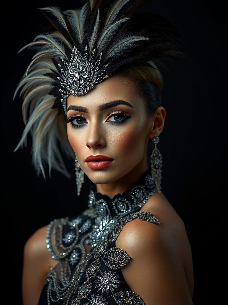 Regenerate an image of a glamorous woman with intricate feathered headpiece and detailed metallic embellishments on her outfit, using a Canon EOS R5 with a 50mm lens, aperture at f/1.8, ISO 100, and a softbox lighting for enhanced details and smooth skin texture, shot in portrait orientation against a dark background.