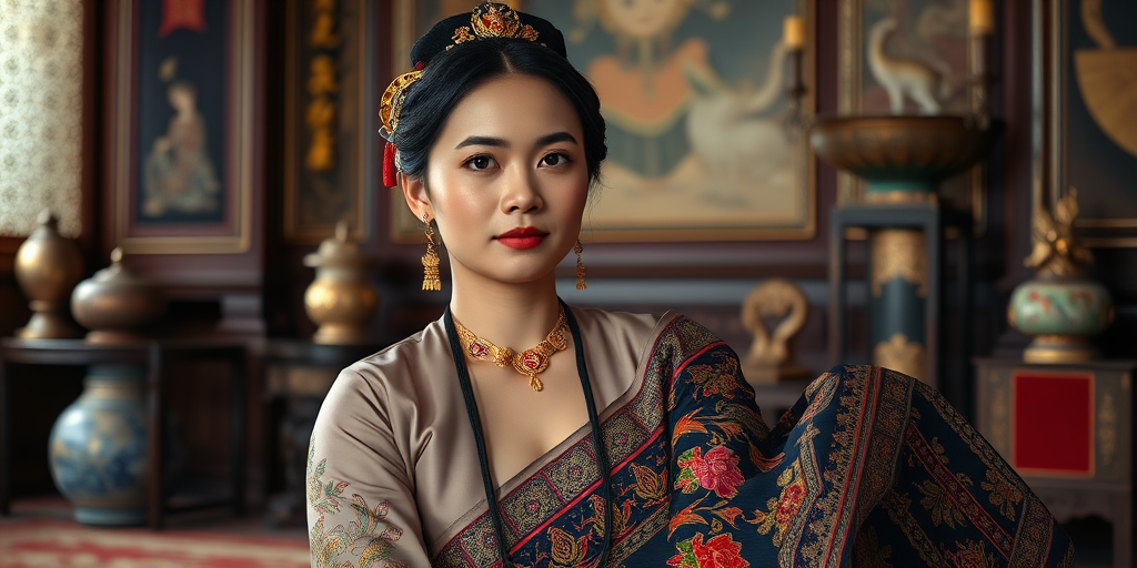 A beautiful Lao woman in traditional East Asian attire, intricately detailed with embroidered patterns, sitting gracefully in a richly decorated room, soft ambient lighting, serene and elegant, ultra-realistic, 8K resolution