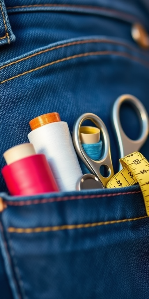 close-up of a denim pocket with thread spools, scissors, measuring tape, natural lighting, shot with a DSLR camera, aperture f/2.8, ISO 100, 50mm lens, focus on pocket details, shallow depth of field