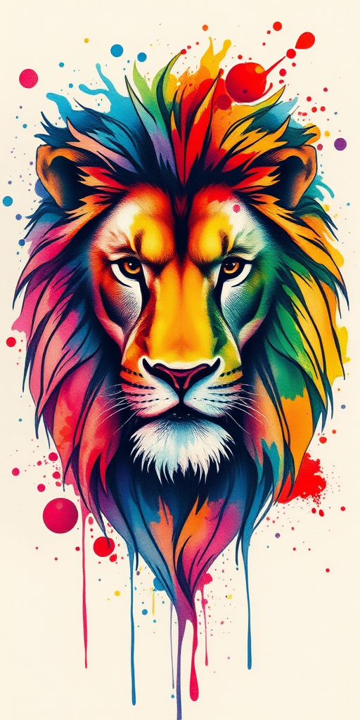 Watercolor splash tattoo creating an abstract representation of a majestic lion, vibrant primary colors bleeding into each other, energetic brushstrokes and ink splatters, fluid and dynamic