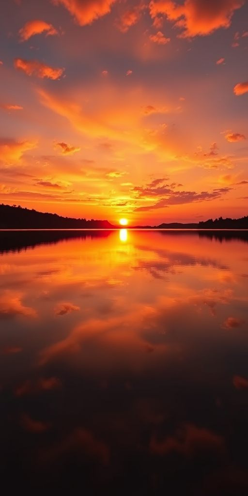 Regenerate a vibrant sunset over a calm lake with reflections, using a DSLR camera with a 50mm lens, aperture set to f/8, ISO 100, shutter speed 1/125s, shooting from a low angle to capture the horizon, in landscape mode, with vivid colors and high dynamic range.