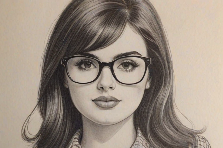 Attractive Rebecca Black, pencil sketch, portrait of Resplendent woman 1961s in glasses, hair style beatnik, outline, clear lines, fine lines, 8k