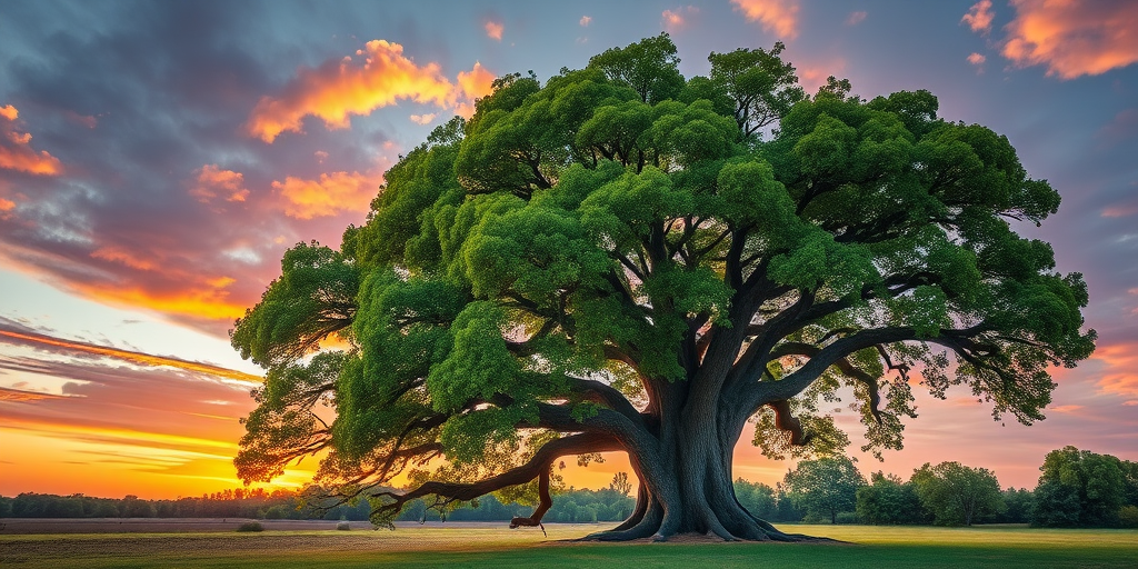 Create a high-resolution image of a large, majestic tree with vibrant green leaves and a textured bark, set against a dramatic sunset sky, using a full-frame camera with a 35mm lens, aperture f/8, ISO 100, and a wide-angle view to capture the expansive landscape surrounding the tree.