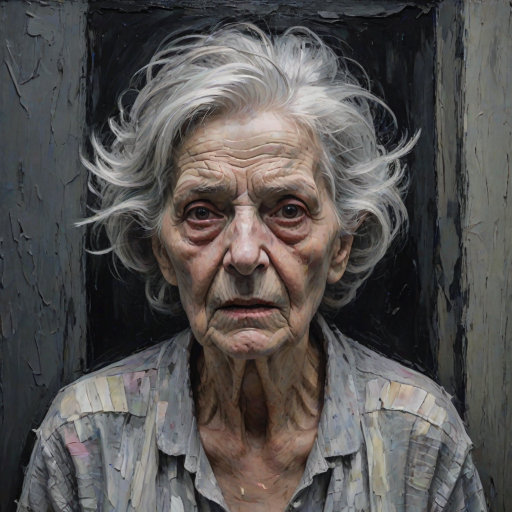 Final exit party. Dark Moody impasto dark picture edges. old woman. grey untidy hair streaked with white and pastel muted colours. include whole head and neck and shoulders. death lurks in the background.