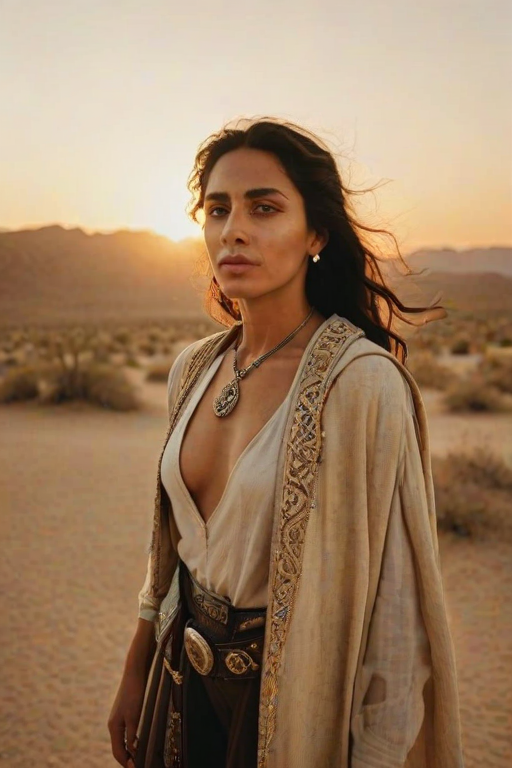 Dramatic photo of a beautiful Coptic woman, classic cowboy attire, confident and free spirit expression, half-length portrait, centered, golden hour desert landscape, warm, diffused light, low angle, medium format film camera, in style of Annie Leibovitz.