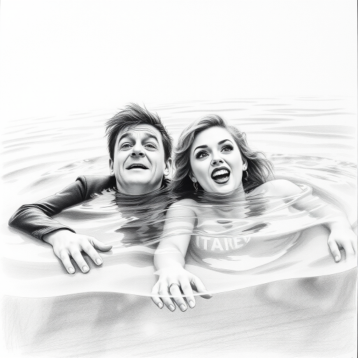 A hyperdetailed photorealistic black and white pencil sketch recreating the iconic scene at the end of Titanic with Jack and Rose floating in the water, only show them making exaggerated funny faces at the camera. Show Rose spitting water at the camera.