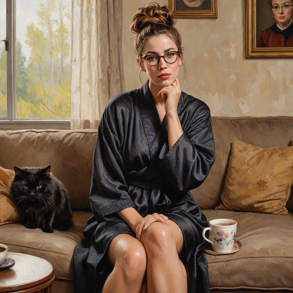 The words ‘Professional Overthinker’ (exact spelling) An exaggerated whimsical illustration of a cute silly lady with unruly messy brown bun and black glasses pouty lips and a thinking expression. Shes sitting on the couch, legs folded wearing a black silk robe, black fuzzy slippers. She’s holding her coffee cup and making a deep-in-thought face.  A quirky scruffy cat (dog) looking at her against a mottled, oil painting style soft background living room setting.