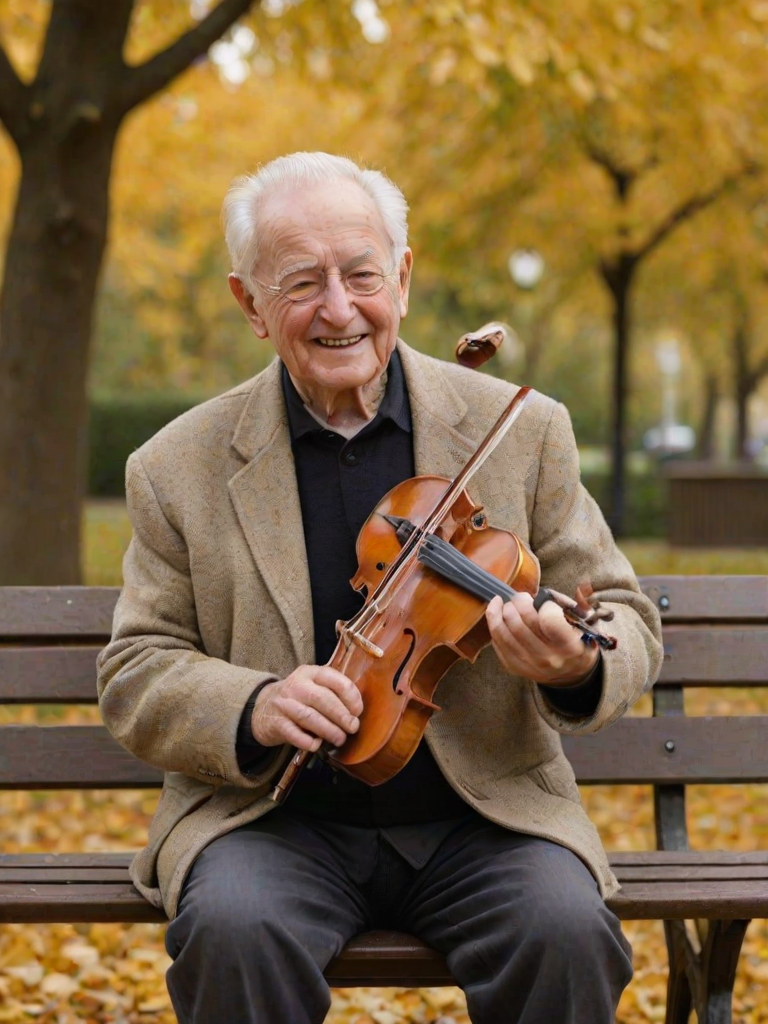 Softly focused image of an elderly man playing a violin on a park bench, surrounded by golden autumn leaves, with a soft, distant smile on his face as he plays.