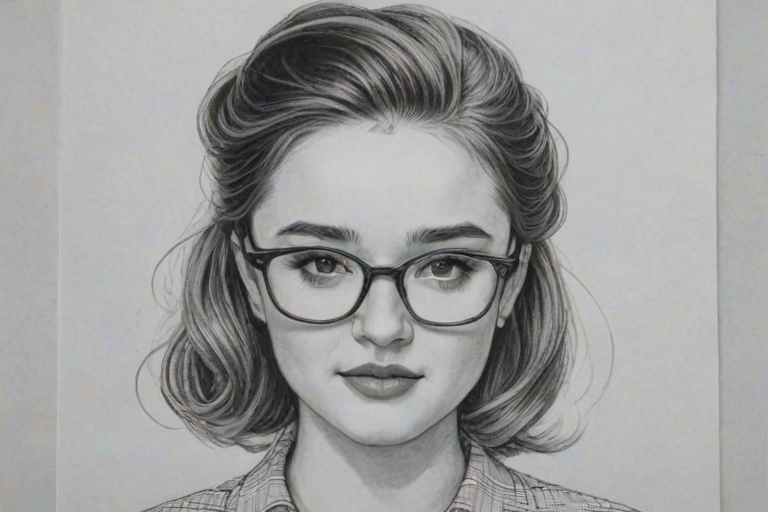 Exquisite Kaitlyn Dever, pencil sketch, portrait of Sublime woman 1955s in glasses, hair style beatnik, outline, clear lines, fine lines, 8k