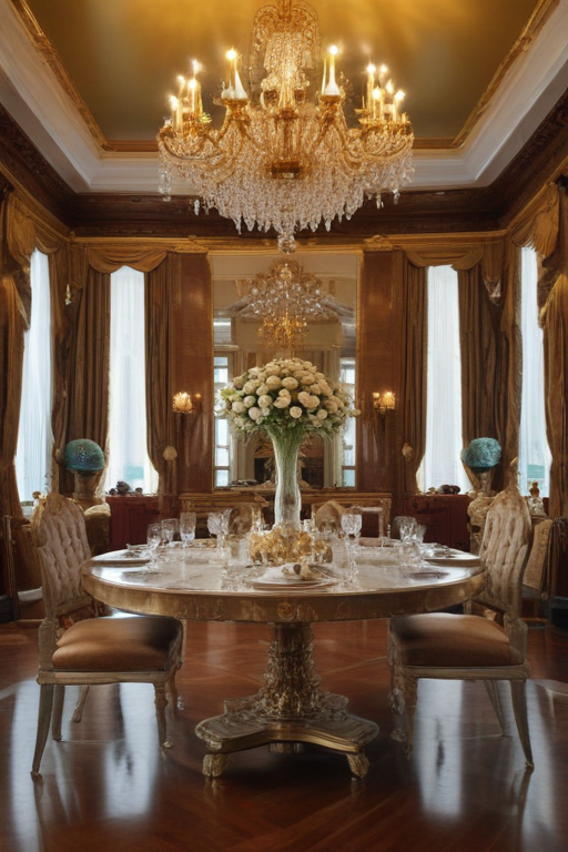 Elegant Dining Room with Crystal Chandelier and Floral Centerpiece Decor