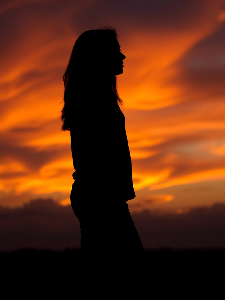 Generate a high-quality image of a silhouette of a person standing against a vibrant sunset background with a DSLR camera, 50mm lens, aperture f/1.8, ISO 100, shutter speed 1/200s, capturing a dramatic sky in landscape orientation.