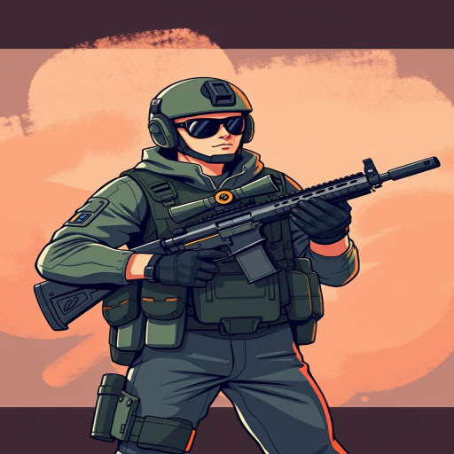 Create an illustration of a modern soldier holding a sniper rifle with a confident stance, wearing tactical gear and sunglasses, rendered in a vibrant, cartoonish style; use a DSLR camera with a 50mm lens, aperture f/2.8, ISO 100, shallow depth of field, and natural lighting to enhance clarity and color vibrancy.