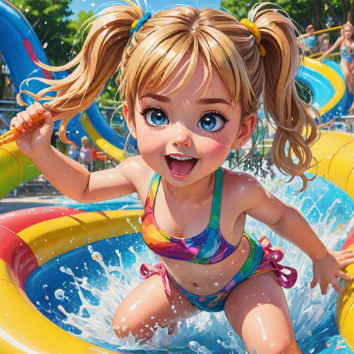 A sassy caricature toddler girl with medium highlighted hair in a messy braid, light eyes, fluffy long lashes, silly funny faces, wearing a colorful swimsuit, going down a waterslide face first, lots of water, created in highlighted chalk style, vibrant colors, background is a park with acrylic paint, airbrush