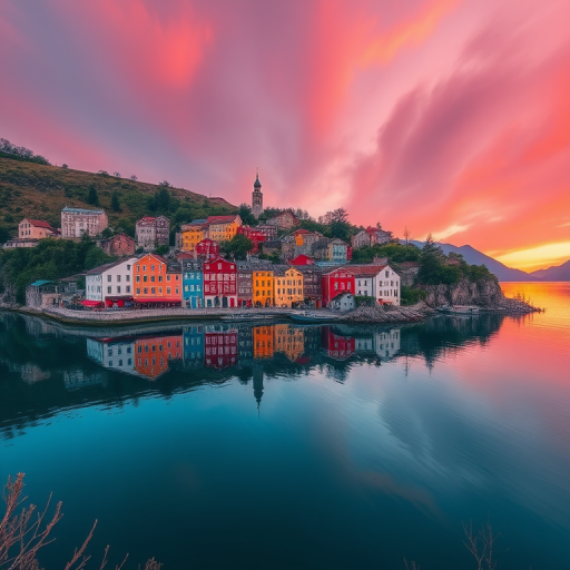 capture a picturesque lakeside village with colorful buildings reflecting on calm water during sunset, use a Canon EOS R5 with a 24-70mm f/2.8 lens, aperture set to f/8, ISO 200, shutter speed 1/125s, shot from a panoramic view to emphasize the landscape and vibrant colors