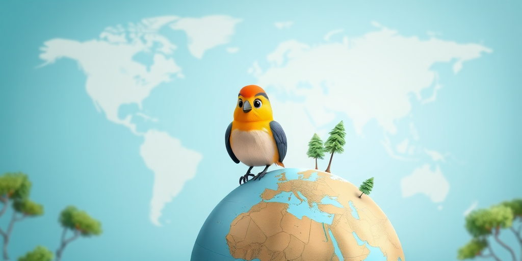Create a vibrant digital illustration of a cartoon bird perched on a globe with trees, against a light blue background featuring a faint world map, shot with a DSLR camera at f/8 aperture, 24mm focal length, and soft natural lighting for enhanced clarity and detail.