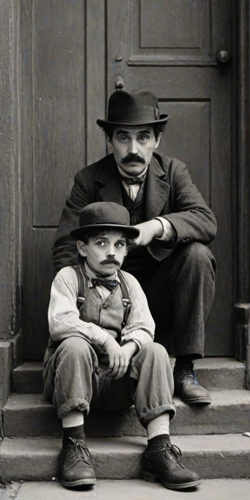 A black-and-white photograph of a man and a child sitting on steps in front of a doorway. The man is dressed as a tramp with a bowler hat, mustache, and ragged clothes, reminiscent of Charlie Chaplin's iconic look. He is sitting with his arms crossed and an expression of slight sadness or frustration. Next to him is a young boy, also in worn clothes and a cap, sitting with his hands clasped, looking thoughtful. The background is an old, textured wall and a partially open door, creating a vintage, early 20th-century atmosphere.