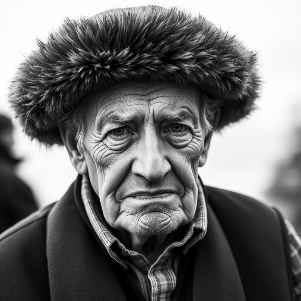 create a black and white portrait of an elderly man wearing a fur hat and a vest, with a serious expression, capturing the details of his wrinkled face and the texture of the fabric in a soft-focused background