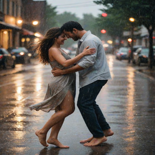Blurry, candid shot of a couple dancing barefoot in the rain, soft raindrops falling around them, their wet clothes clinging to their skin, distant streetlights casting a warm glow on the slick pavement.