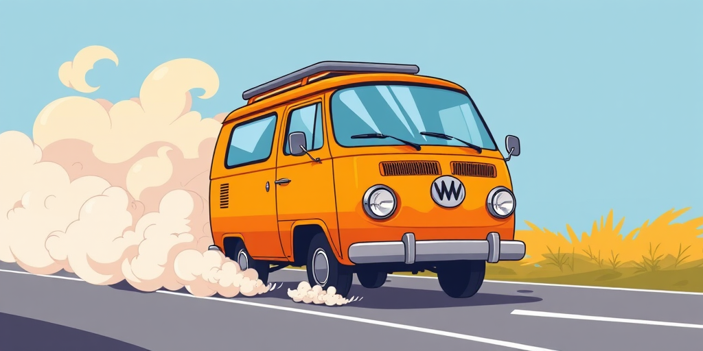 A vibrant cartoon-style illustration of a small orange van driving with a whimsical cloud of smoke behind it, captured with a Canon EOS R5, 35mm lens, aperture f/2.8, ISO 100, in vibrant colors and high contrast for enhanced image quality.