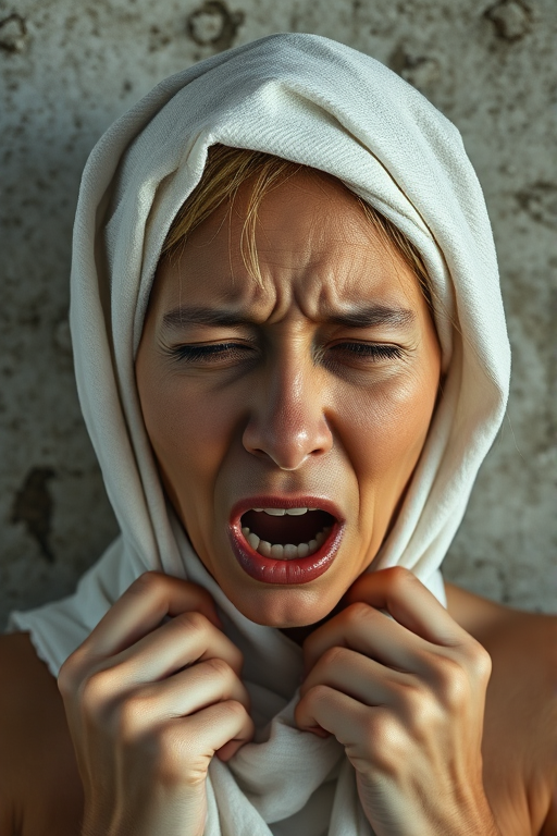 Create a close-up photographic image of a Maori woman with light skin tones shown against an old, worn wall. Their head is wrapped in a white cloth covering (i.e.... parts of the head except the nose and mouth, which are open as if they are screaming...), with a slight texture and visible folds in the fabric. Thin strands of blonde hair escape from the wrapping above, falling lightly at the top and sides. Their hands hold the fabric as if they are tugging nervously. The lighting is dramatic and even, casting strong shadows. The image has a minimalist and surreal style with an emphasis on simplicity with soft color tones. The composition is centered.