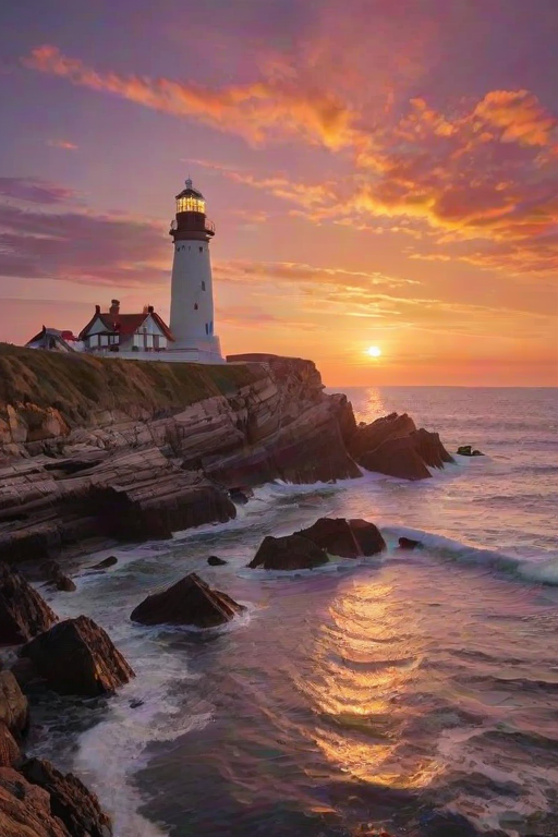 Generate an image of a tall lighthouse perched on a rocky outcrop surrounded by calm ocean waters during a breathtaking sunset. The lighthouse stands sturdy and weathered, its stone surface illuminated by the warm golden light of the setting sun. The sun's rays pass directly through the glass lantern room at the top of the lighthouse, casting a brilliant light across the scene. The sky is painted with vibrant shades of orange, pink, and purple, reflecting off the tranquil sea. The surrounding water shimmers with the same warm hues, creating a serene and majestic atmosphere.