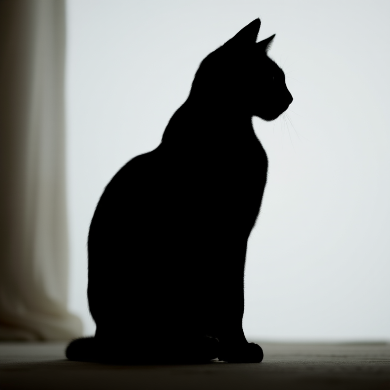 Create a high-resolution image of a sleek black silhouette of a cat sitting gracefully, with soft lighting, using a DSLR camera with an aperture of f/2.8, a shutter speed of 1/125s, at a focal length of 50mm, taken from a low-angle perspective to enhance detail and depth.