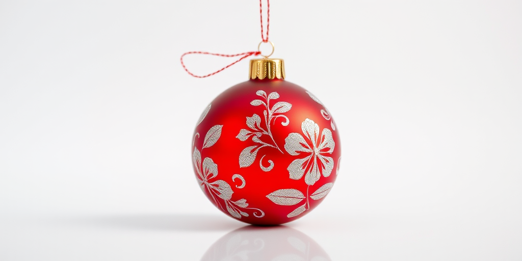 Create a high-resolution image of a red Christmas ornament with floral designs, captured with a Canon EOS R5, 85mm f/1.4 lens, ISO 100, aperture f/2.8, in soft natural light against a smooth white background, showcasing reflections and details of the ornament.