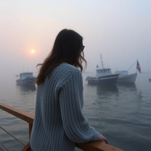 Foggy harbor at sunrise, boats rocking gently in the water, a woman in a knitted sweater leans on a wooden railing, watching the fishing vessels prepare to head out to sea.