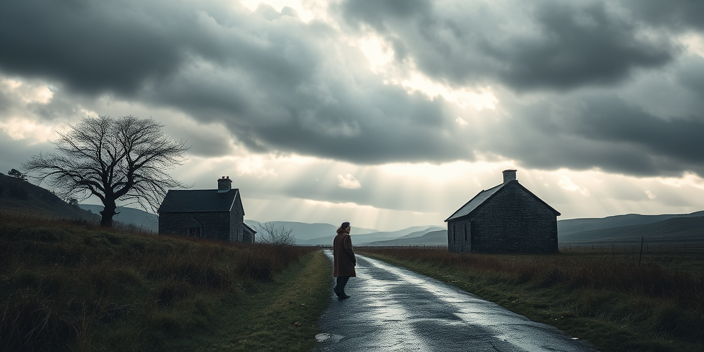 Create a landscape scene depicting a solitary figure in a long coat walking along a rain-soaked path with an old stone house and a barren tree on the side, under a dramatic cloudy sky with rays of sunlight breaking through, captured with a DSLR camera using a 24mm lens, f/8 aperture, ISO 200, at a slight tilt to enhance perspective.