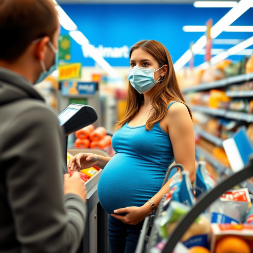 young pregnant woman as a walmart cashier ringing up someone's groceries she works there. shes wearing a surgical mask