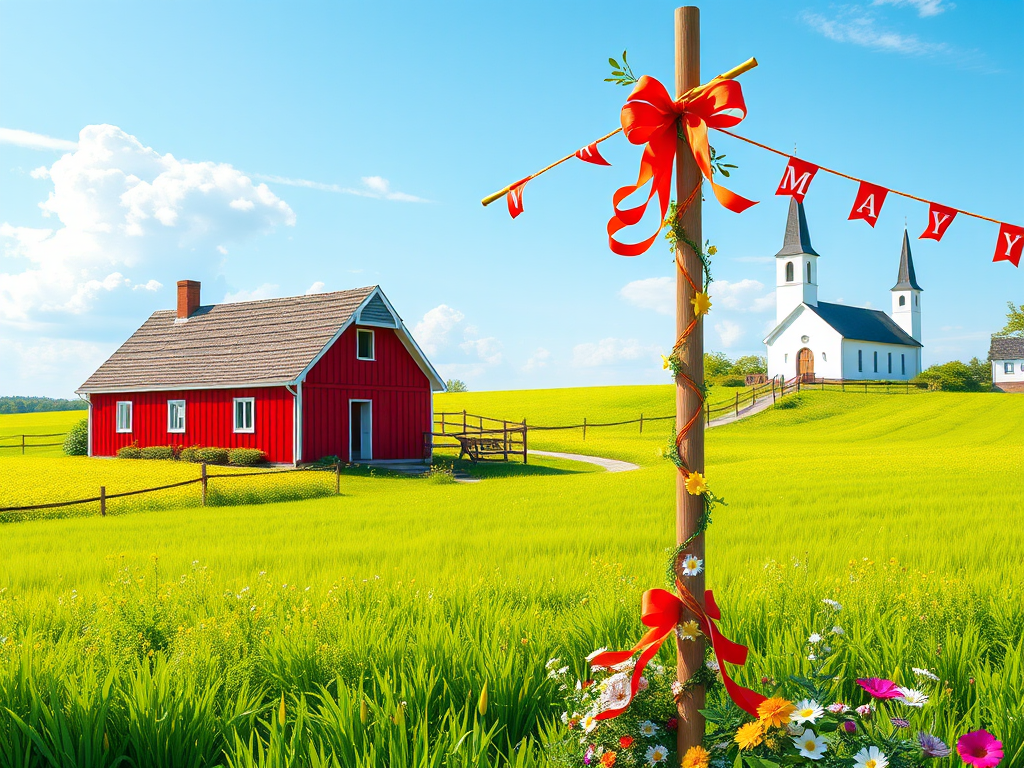 Create a vibrant digital illustration of a decorated maypole surrounded by lush green fields, with a quaint red house and a white church in the background, capturing a bright blue sky and colorful flowers, using a 50mm lens at f/8, ISO 100, and a high-resolution digital camera.