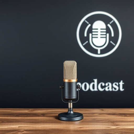 Create a high-quality image of a vintage microphone on a wooden table next to a modern podcast logo on a black wall, captured with a DSLR camera, 50mm lens, f/1.8 aperture, ISO 200, in natural light to enhance clarity and detail.
