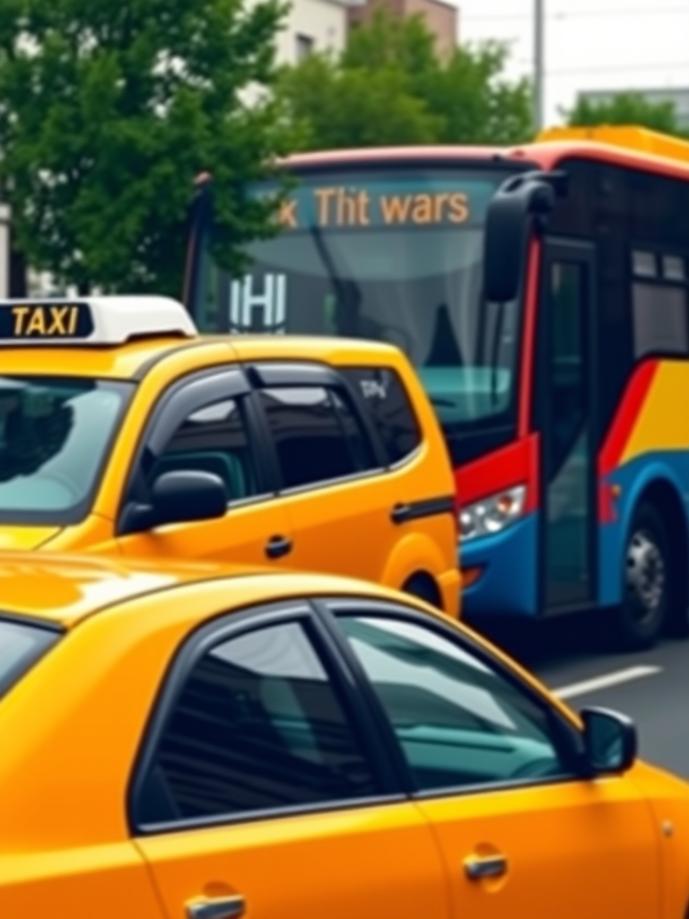 Create a high-resolution vector image of a taxi next to a bus, using a DSLR camera type with a 50mm lens, f/1.8 aperture, ISO 200, and in vibrant colors, with a focus on clean lines and smooth edges.