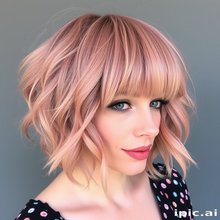 Dusty rose shag cut called "Vintage Bloom" featuring choppy layers, curtain bangs, and a lived-in texture for a retro-inspired look