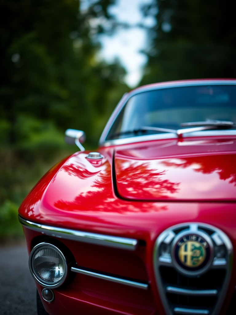 High-quality close-up shot of a classic red Alfa Romeo in a natural setting, aperture f/2.8, shutter speed 1/500s, ISO 100, taken with a DSLR camera, using a shallow depth of field to enhance focus on the car, with soft bokeh in the background.