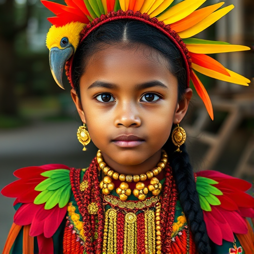 A beautiful Samoan girl, wearing colorful bird clothing with vibrant colors