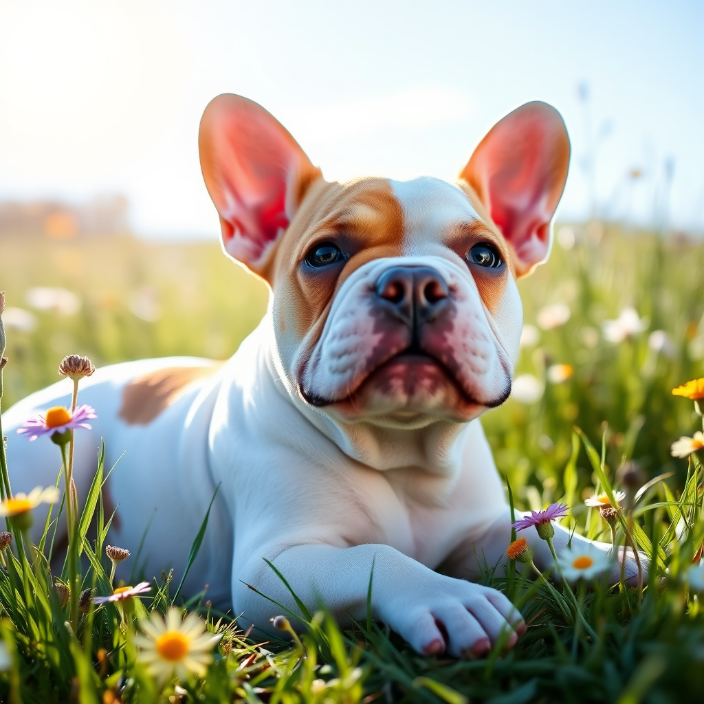 a whimsical fantasy image of a 1year old Exotic Micro Bullie dog whose white with tan spots, lying in the grass with Wildflowers all around her, blue skies and sunshine
