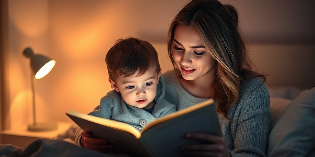 Warm, intimate photo of a mother and child reading a bedtime story in a softly lit room, soft glow from a nearby lamp casting warm shadows, with the pages of the book illuminated in soft light.