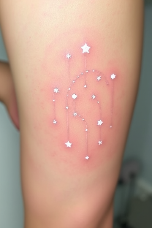 Ethereal white ink tattoo dubbed "Celestial Whisper" depicting a dreamy constellation of stars and delicate wisps of clouds across pale skin, with subtle shading techniques creating a soft, ethereal glow that appears to shimmer in certain lights, perfect for those desiring a subtle and elegant tattoo that appears almost magical in its understated beauty
