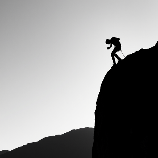 Create a high-contrast black and white silhouette image of a climber in action on a cliff with a shallow depth of field, using a DSLR camera set at f/2.8, ISO 100, and a focal length of 50mm, taken from a low angle to emphasize the climber's pose against a clear sky background.