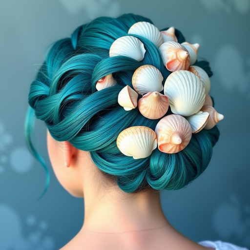 Mystical Mermaid Seashell Updo showcasing a captivating blend of teal turquoise and aquamarine hues styled into an intricate updo resembling a cluster of iridescent seashells